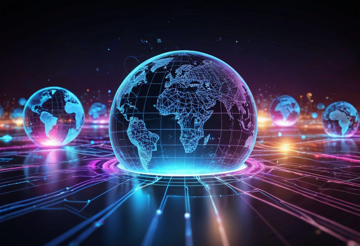 A digital landscape with a glowing web grid, interconnected servers, streaming data lines, and futuristic devices displaying various web and internet services. The backdrop features a network globe shimmering with binary codes and floating icons of popular web applications. 3D. vibrant colors.