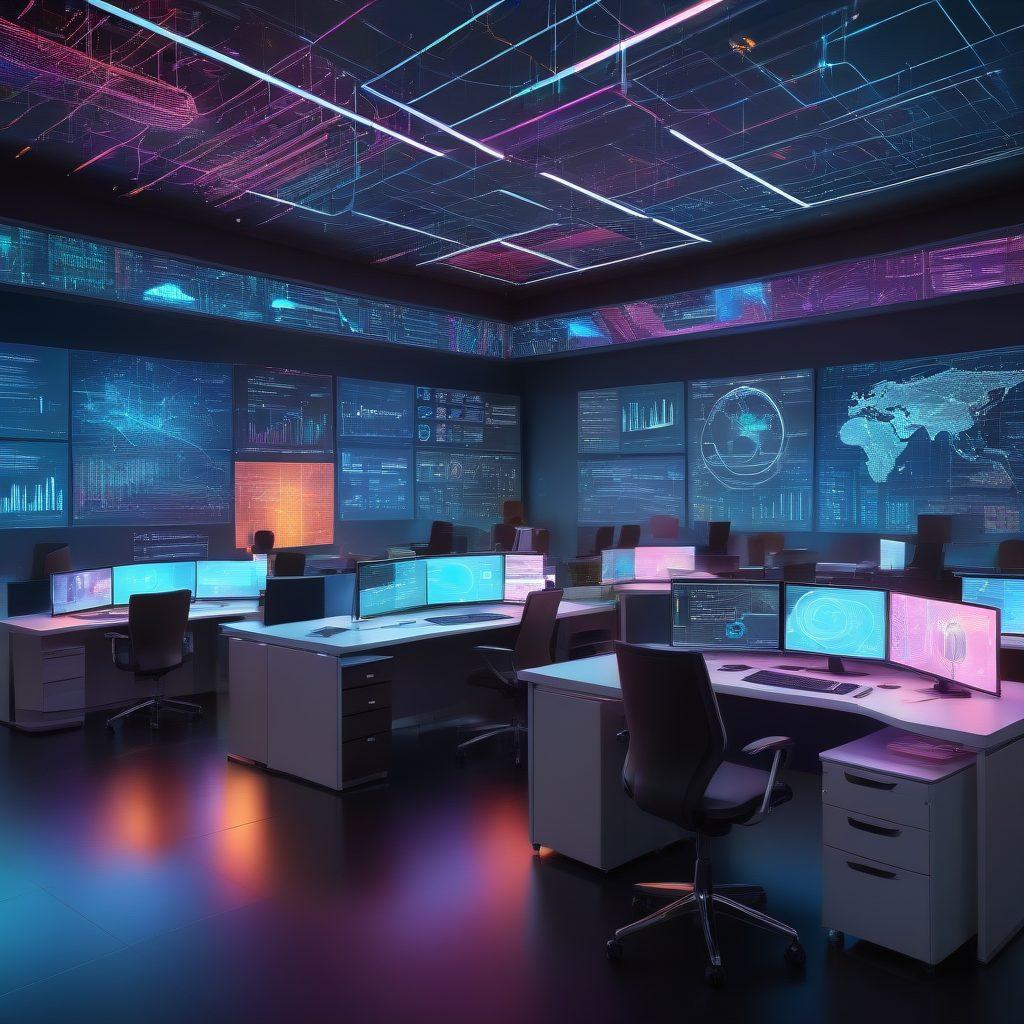 A futuristic workspace with holographic data portals, sleek computers, and a diverse team of IT professionals collaborating on various projects. Display vibrant graphs, network diagrams, and code snippets floating in mid-air. Background should show interconnected digital circuits and glowing interfaces. super-realistic. vibrant colors. high-tech.